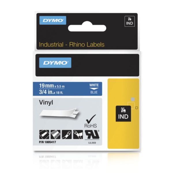 Picture of 19mm Dymo Rhino 1805417 White on Blue Permanent Polyester